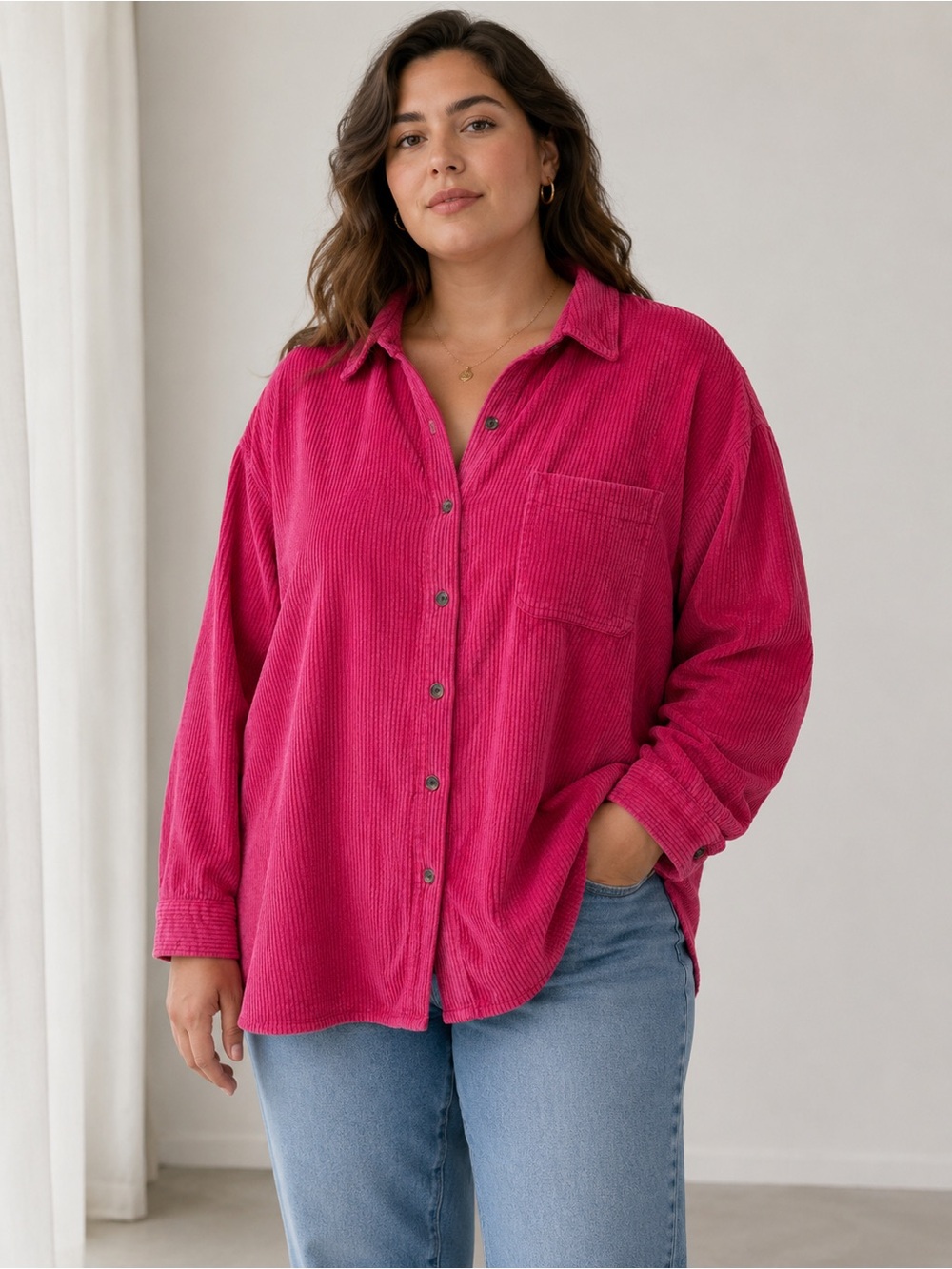 L.L.Bean Size 2X Pink Corduroy Button Up Shirt Plus Size Oversized Cottagecore